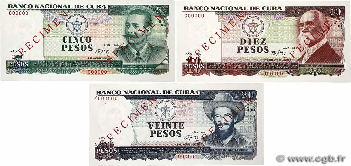 5, 10, 20 Pesos Spécimen CUBA  1991 P.108s au P.110s  UNC-
