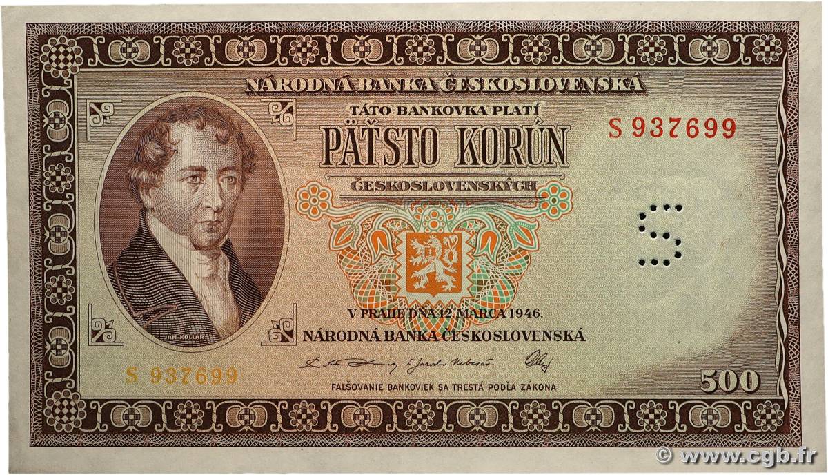 500 Korun Spécimen TSCHECHOSLOWAKEI  1946 P.073a fST+