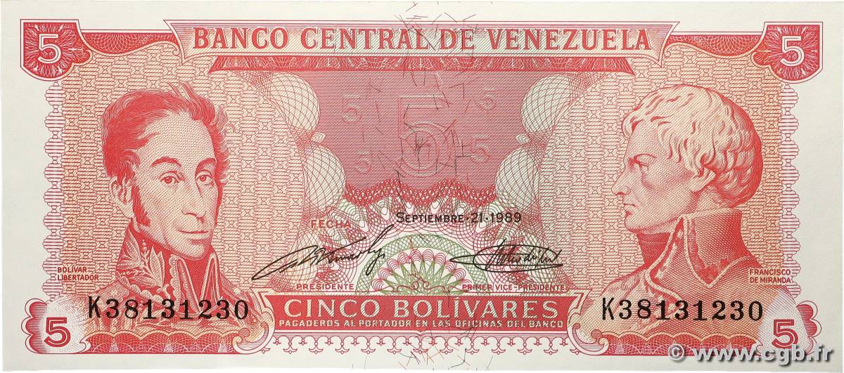 5 Bolivares VENEZUELA  1989 P.070b pr.NEUF