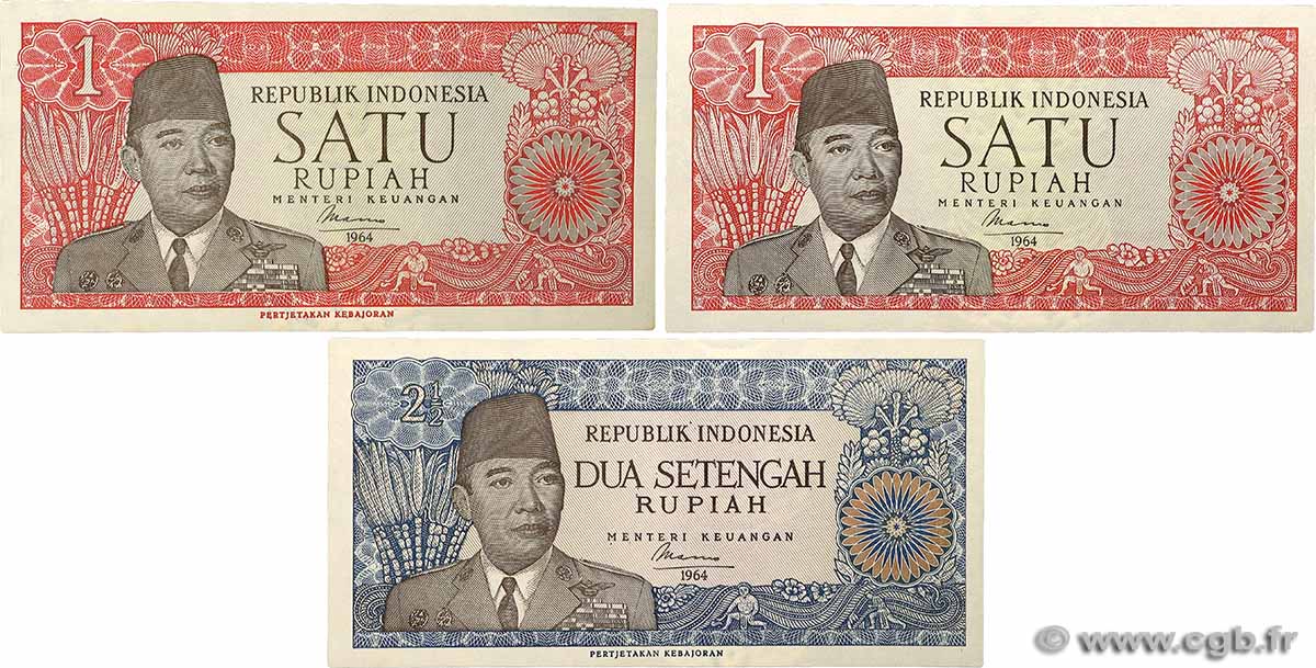 1 et 2,5 Rupiah Lot INDONESIA  1964 P.080a/b et P.081a UNC