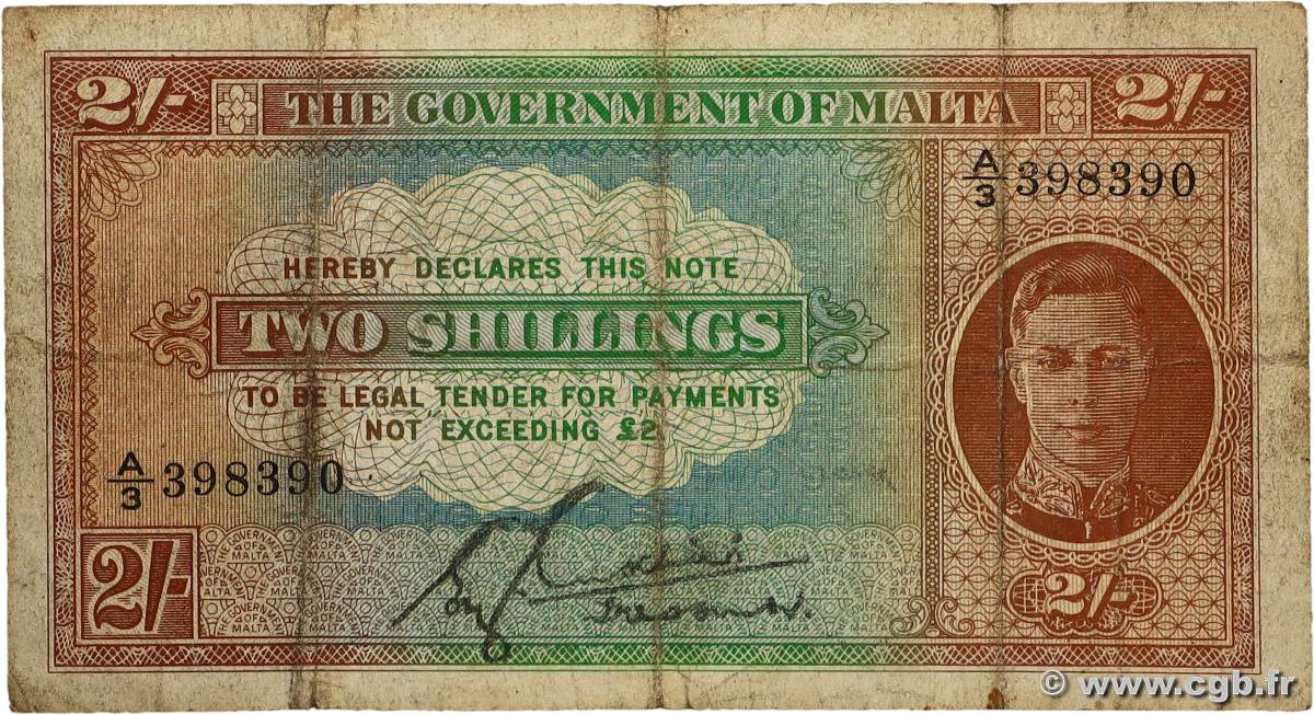 2 Shillings MALTE  1942 P.17c TB