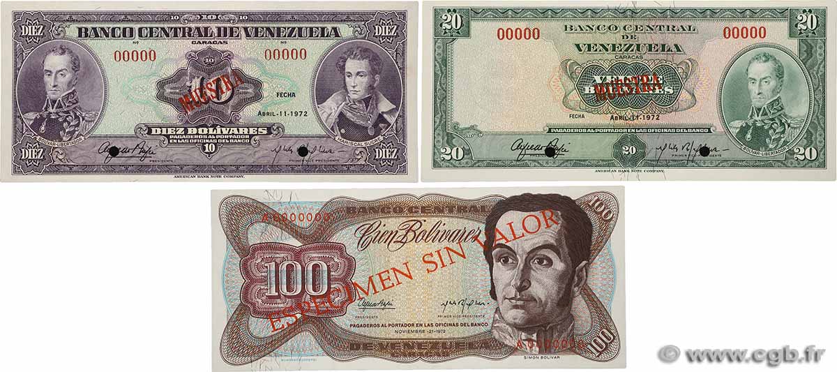 10, 20 et 100 Bolivares Spécimen VENEZUELA  1972 P.051s1, P.052s et P.055s1 ST