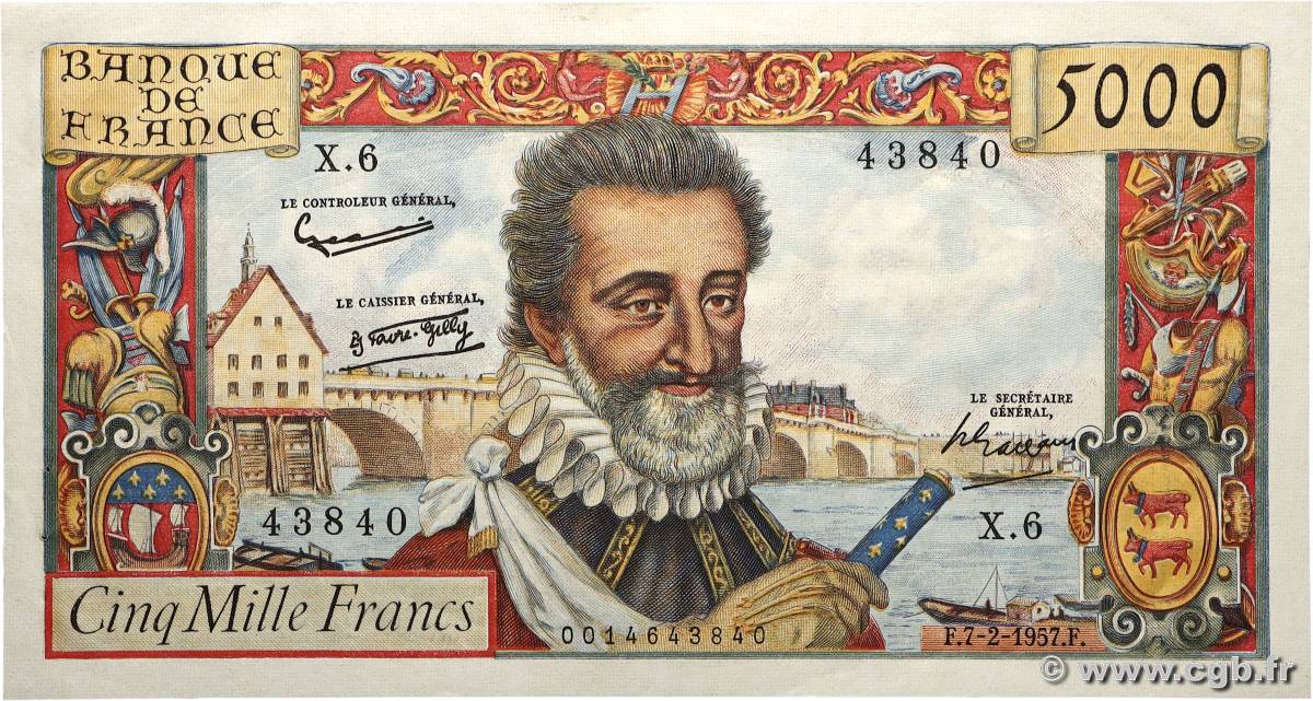 5000 Francs HENRI IV FRANKREICH  1957 F.49.01 VZ+