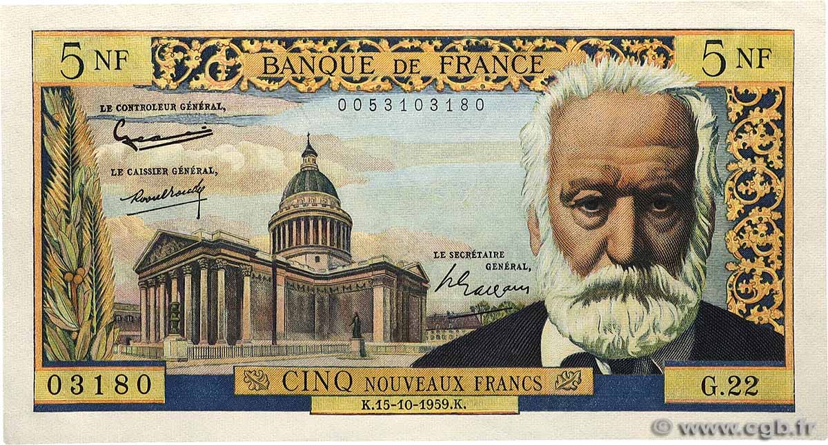 5 Nouveaux Francs VICTOR HUGO FRANCE  1959 F.56.03 AU-