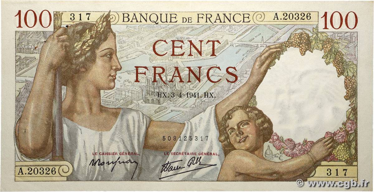 100 Francs SULLY FRANCE  1941 F.26.49 pr.SUP