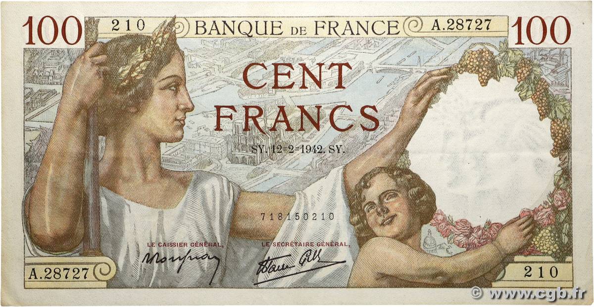 100 Francs SULLY FRANCE  1942 F.26.66 TTB+