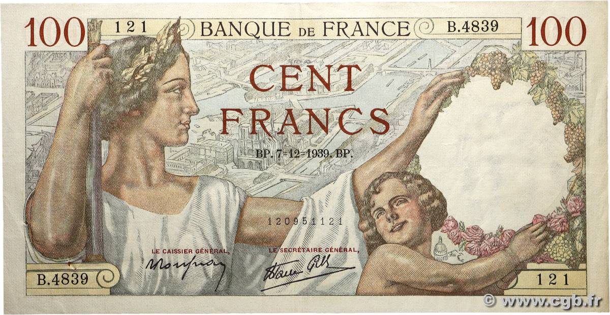 100 Francs SULLY FRANCE  1939 F.26.17 VF