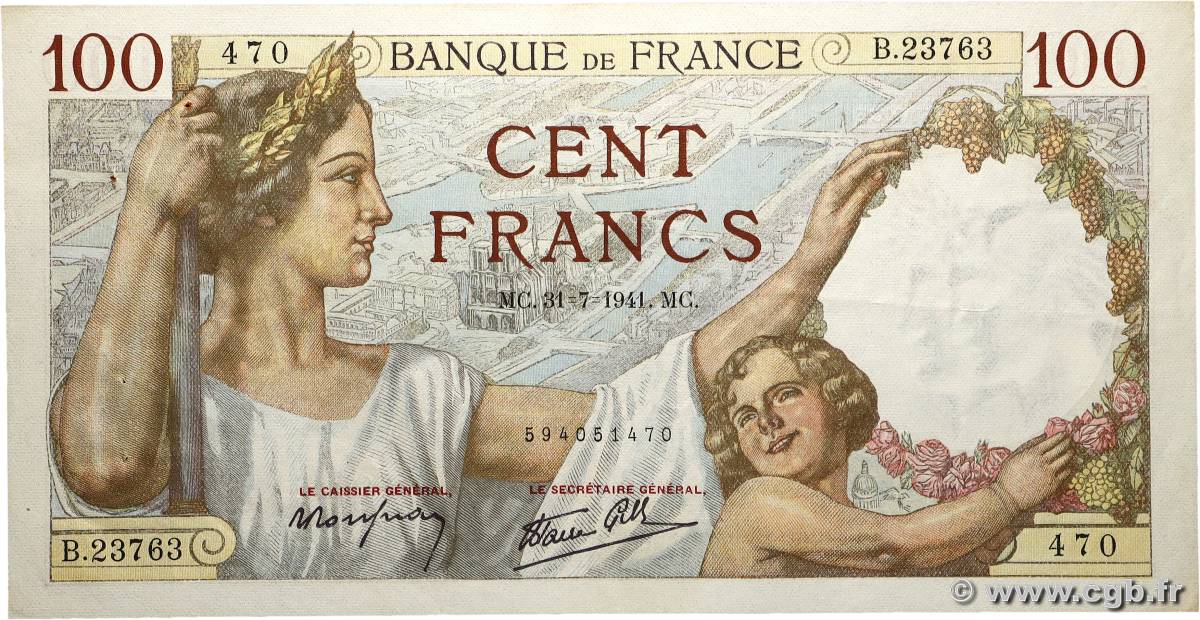 100 Francs SULLY FRANCE  1941 F.26.56 TTB