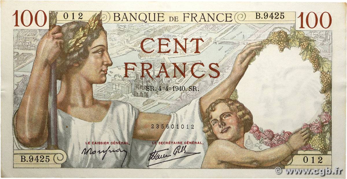 100 Francs SULLY FRANCE  1940 F.26.26 TTB+