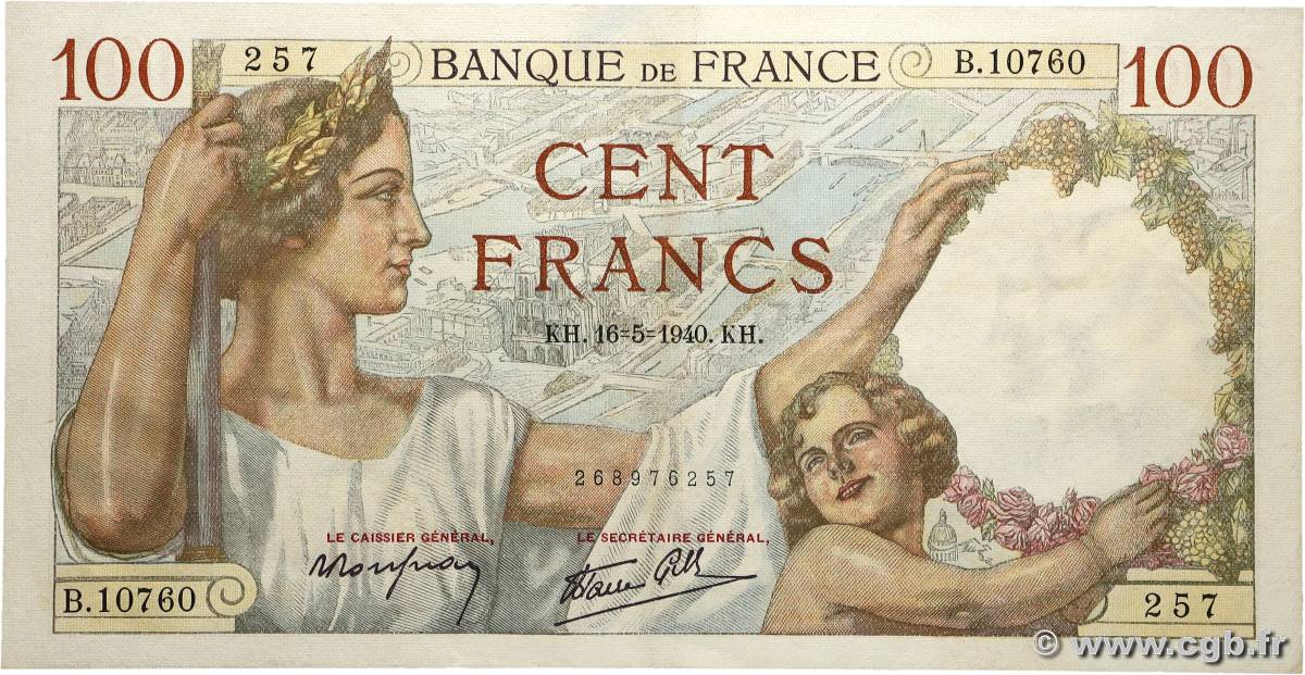 100 Francs SULLY FRANCE  1940 F.26.29 XF-