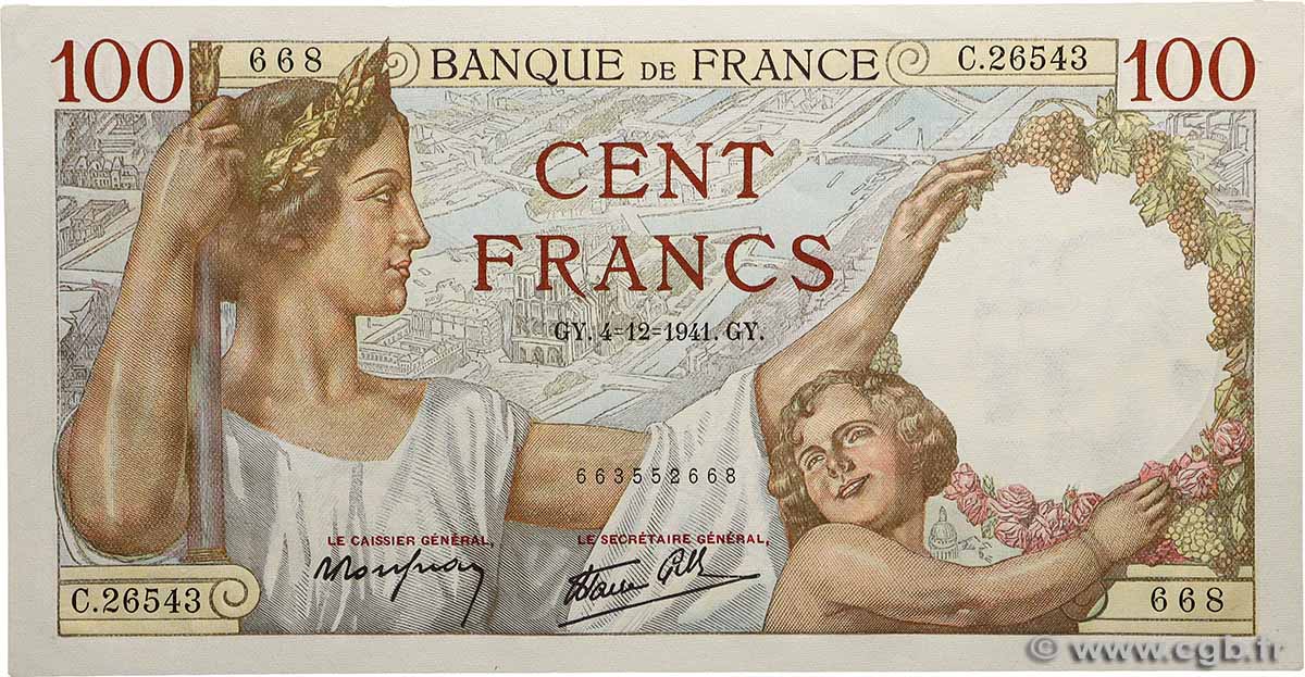 100 Francs SULLY FRANKREICH  1941 F.26.62 fST+