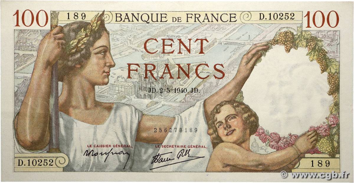100 Francs SULLY FRANCE  1940 F.26.28 XF