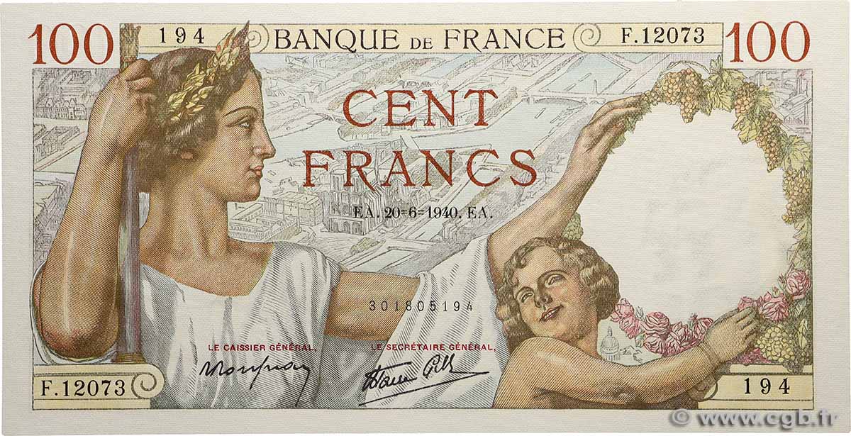100 Francs SULLY FRANKREICH  1940 F.26.32 fST+