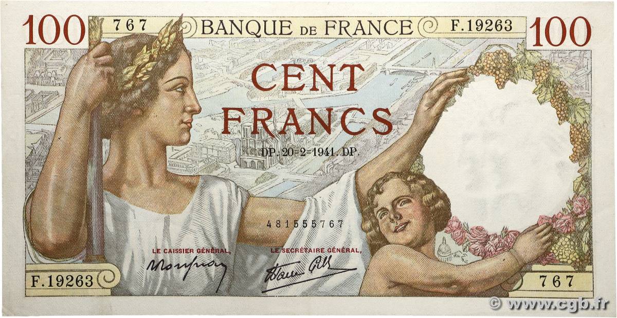 100 Francs SULLY FRANCE  1941 F.26.47 pr.SPL