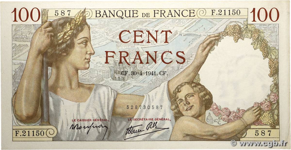 100 Francs SULLY FRANCE  1941 F.26.51 SUP+