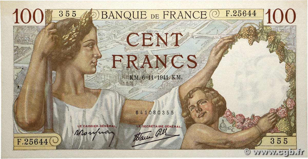 100 Francs SULLY FRANCE  1941 F.26.60 SUP+
