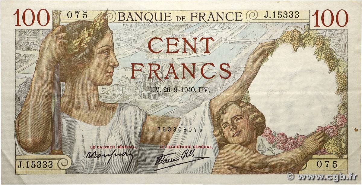 100 Francs SULLY FRANCE  1940 F.26.38 TTB