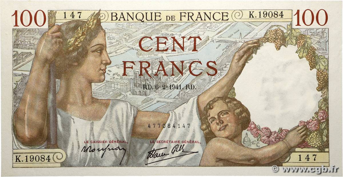 100 Francs SULLY FRANCE  1941 F.26.46 SPL