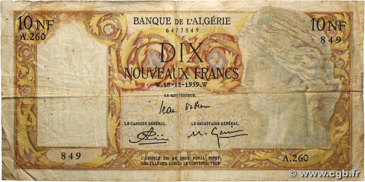 10 Nouveaux Francs ALGERIA  1959 P.119a VG