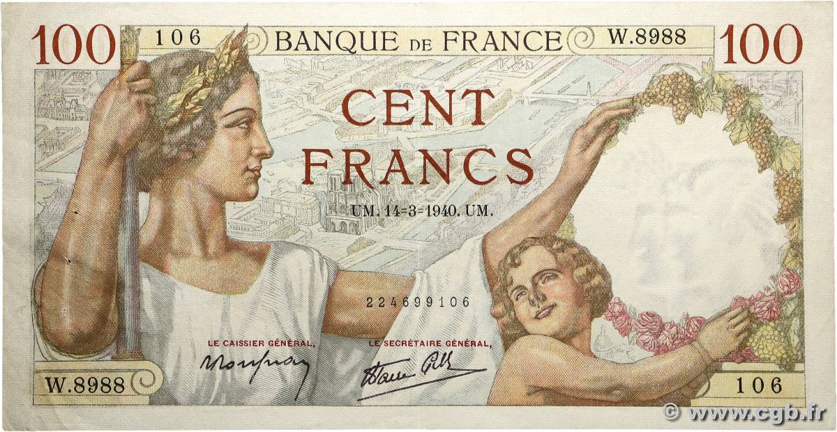 100 Francs SULLY FRANCE  1940 F.26.25 VF+