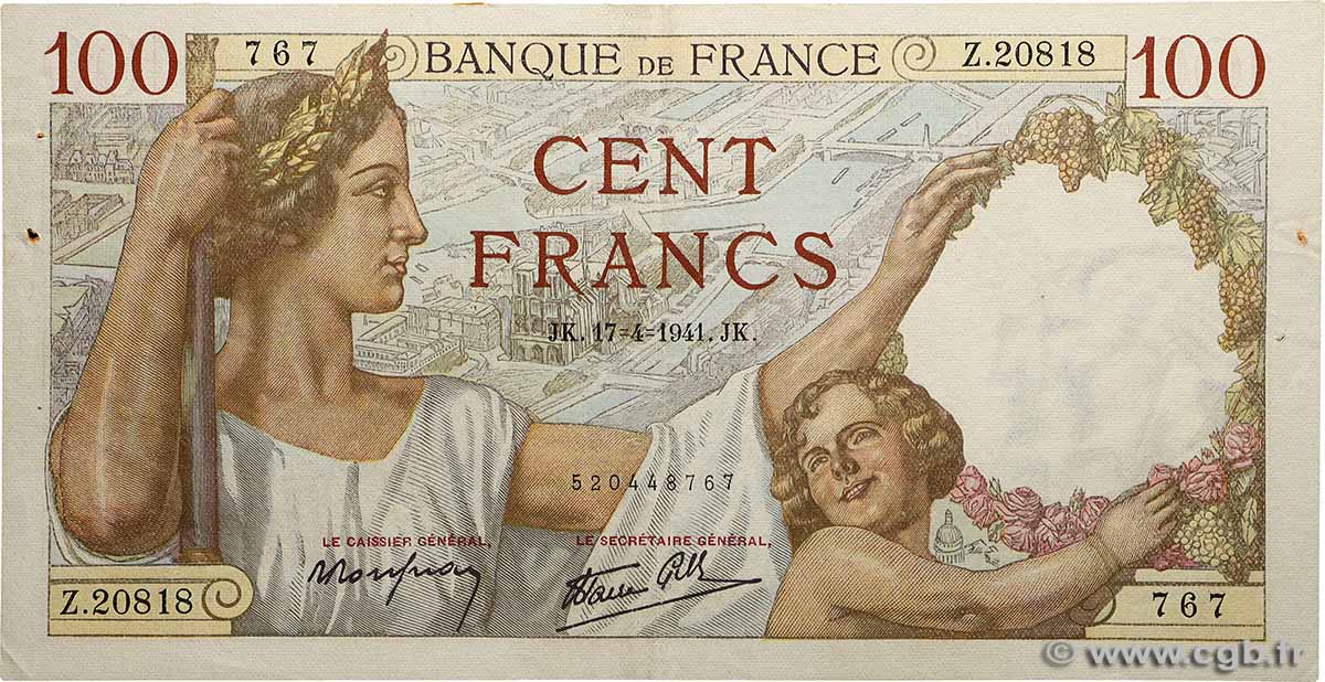 100 Francs SULLY FRANKREICH  1941 F.26.50 fVZ