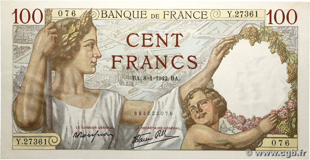 100 Francs SULLY FRANCE  1942 F.26.64 SUP