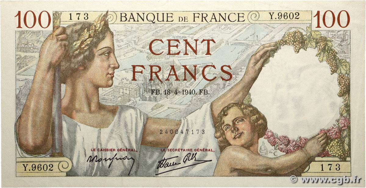 100 Francs SULLY FRANCE  1940 F.26.27 TTB