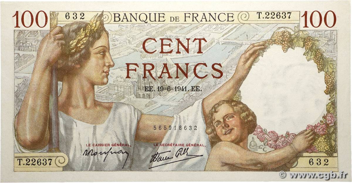 100 Francs SULLY FRANCE  1941 F.26.54 pr.SPL