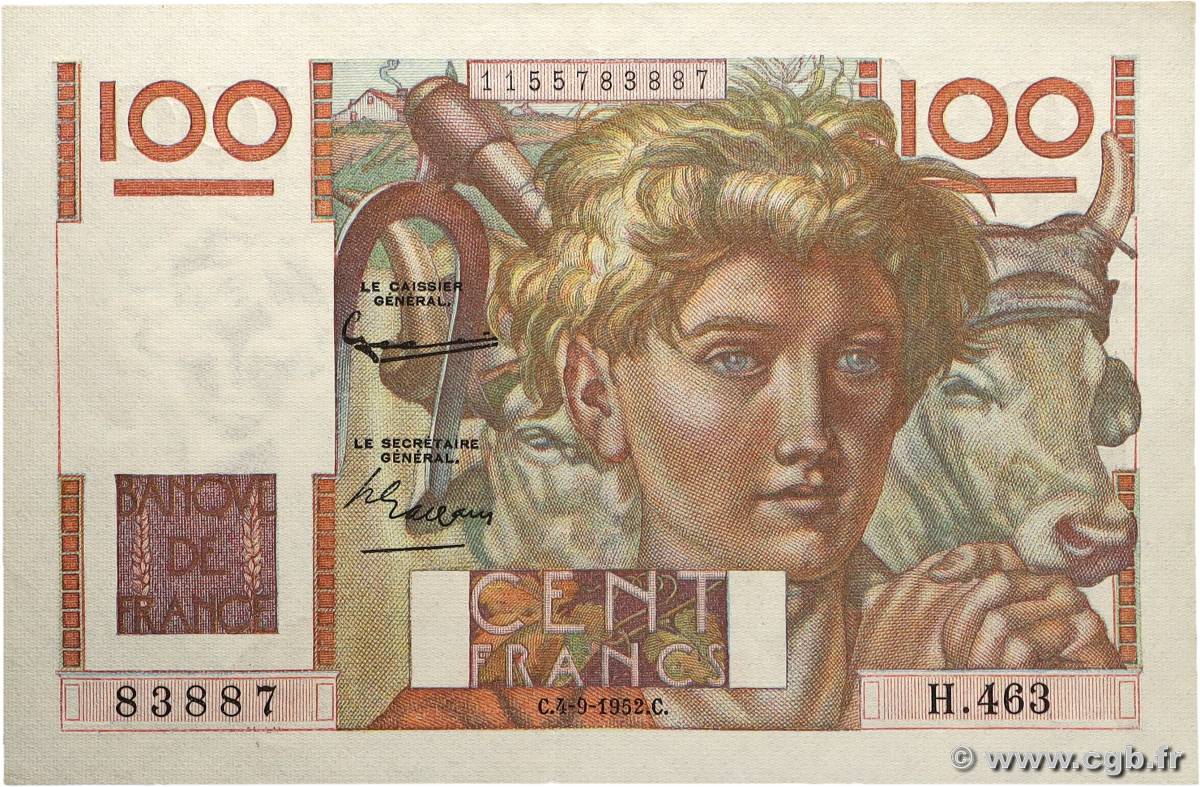 100 Francs JEUNE PAYSAN FRANCE  1952 F.28.33 SUP+
