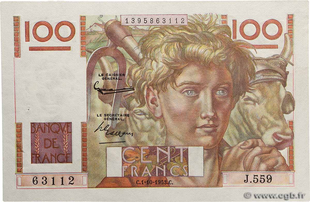 100 Francs JEUNE PAYSAN FRANKREICH  1953 F.28.39 VZ