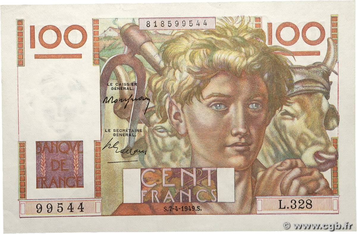 100 Francs JEUNE PAYSAN FRANCE  1949 F.28.23 SUP