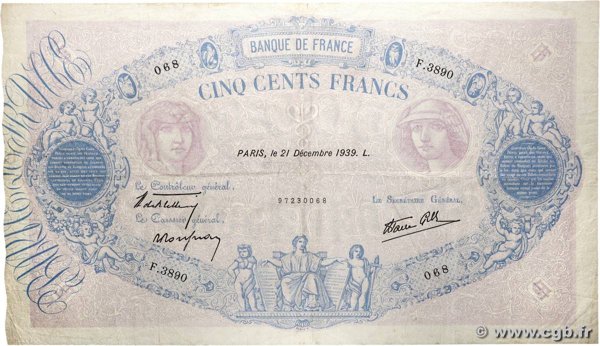 500 Francs BLEU ET ROSE modifié FRANCE  1939 F.31.53 F+