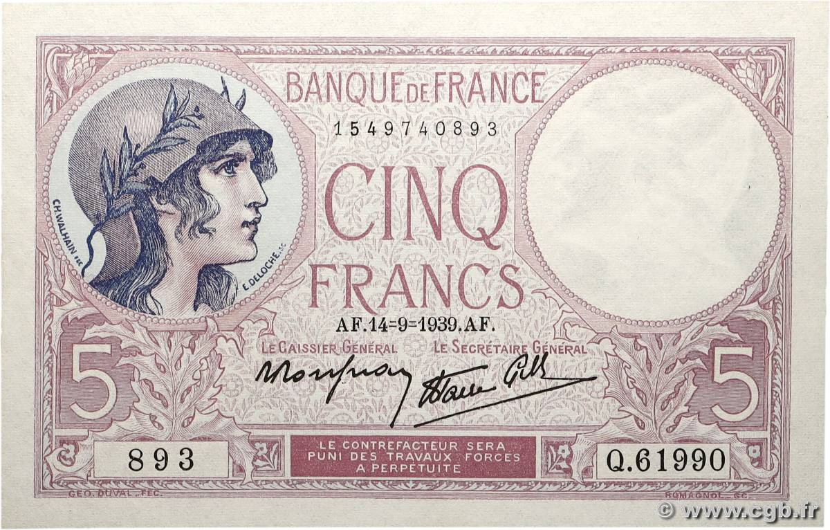 5 Francs FEMME CASQUÉE modifié FRANCE  1939 F.04.08 UNC