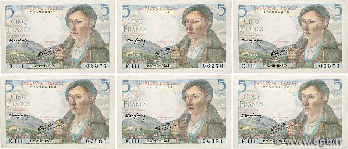 5 Francs BERGER Consécutifs FRANCE  1943 F.05.05 UNC