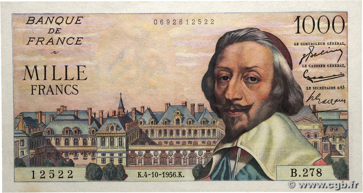 1000 Francs RICHELIEU FRANCE  1956 F.42.22 AU
