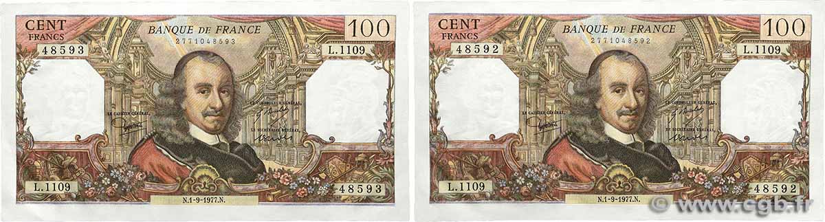 100 Francs CORNEILLE Consécutifs FRANCE  1977 F.65.59 UNC-