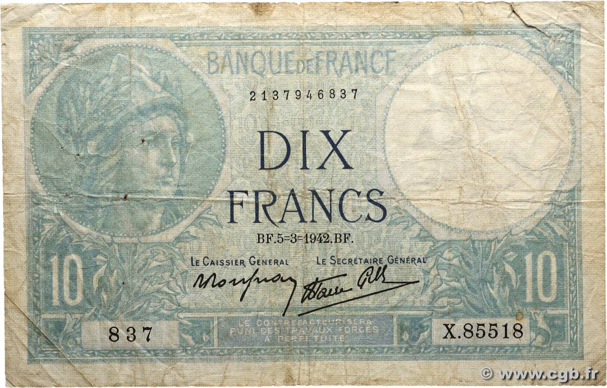 10 Francs MINERVE modifié FRANCE  1942 F.07.31 B+