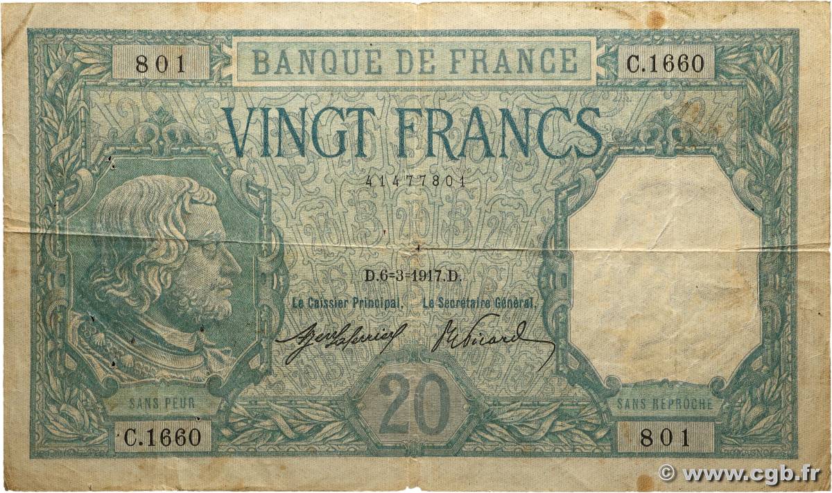 20 Francs BAYARD FRANCE  1917 F.11.02 B+