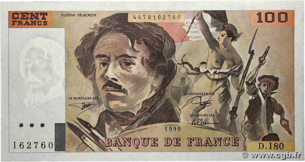 100 Francs DELACROIX imprimé en continu FRANCE  1990 F.69bis.02d SPL