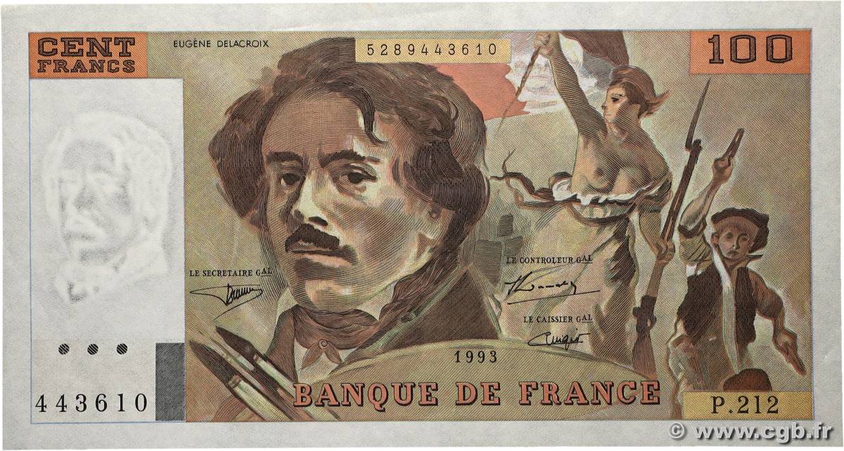 100 Francs DELACROIX imprimé en continu FRANCE  1993 F.69bis.05 AU+