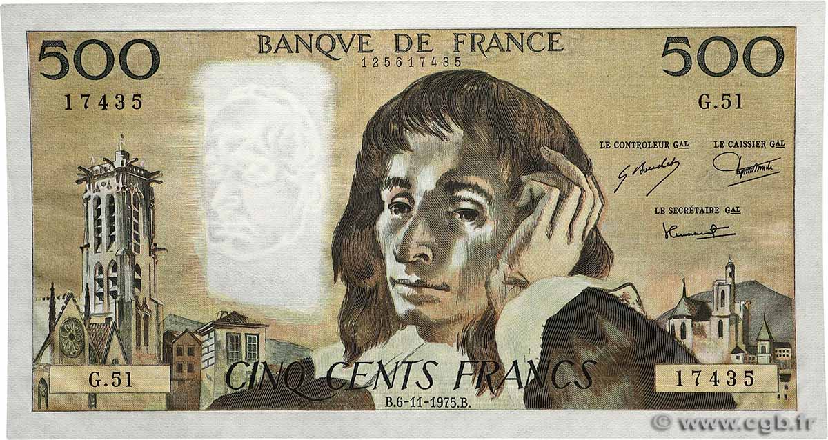 500 Francs PASCAL FRANCE  1975 F.71.13 UNC-