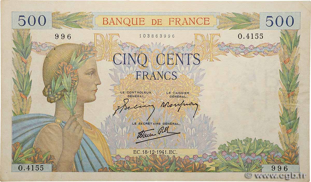 500 Francs LA PAIX FRANKREICH  1941 F.32.25 fVZ