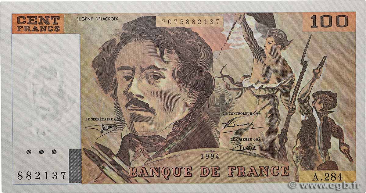 100 Francs DELACROIX 442-1 & 442-2 FRANKREICH  1994 F.69ter.01c fST+