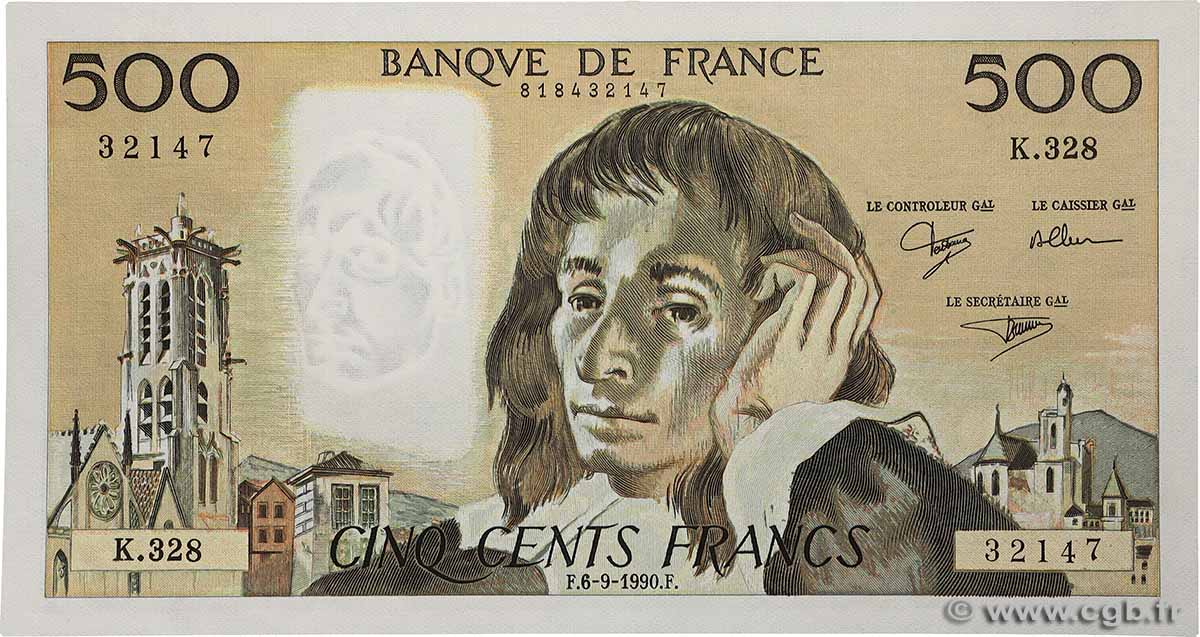 500 Francs PASCAL FRANKREICH  1990 F.71.45 fST+