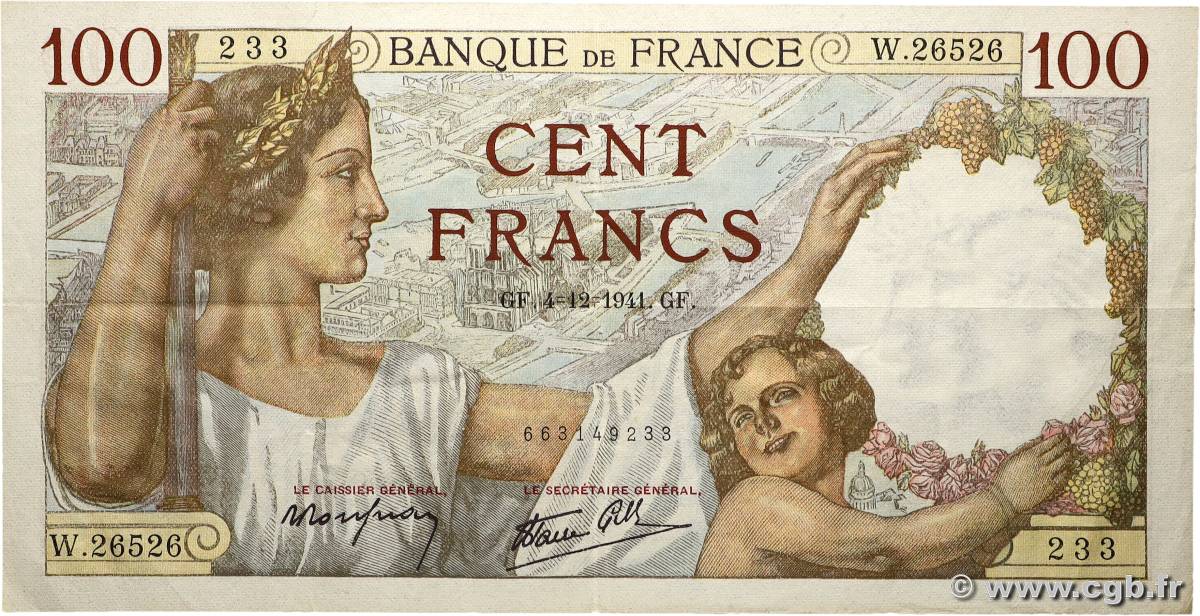 100 Francs SULLY FRANCE  1941 F.26.62 TTB