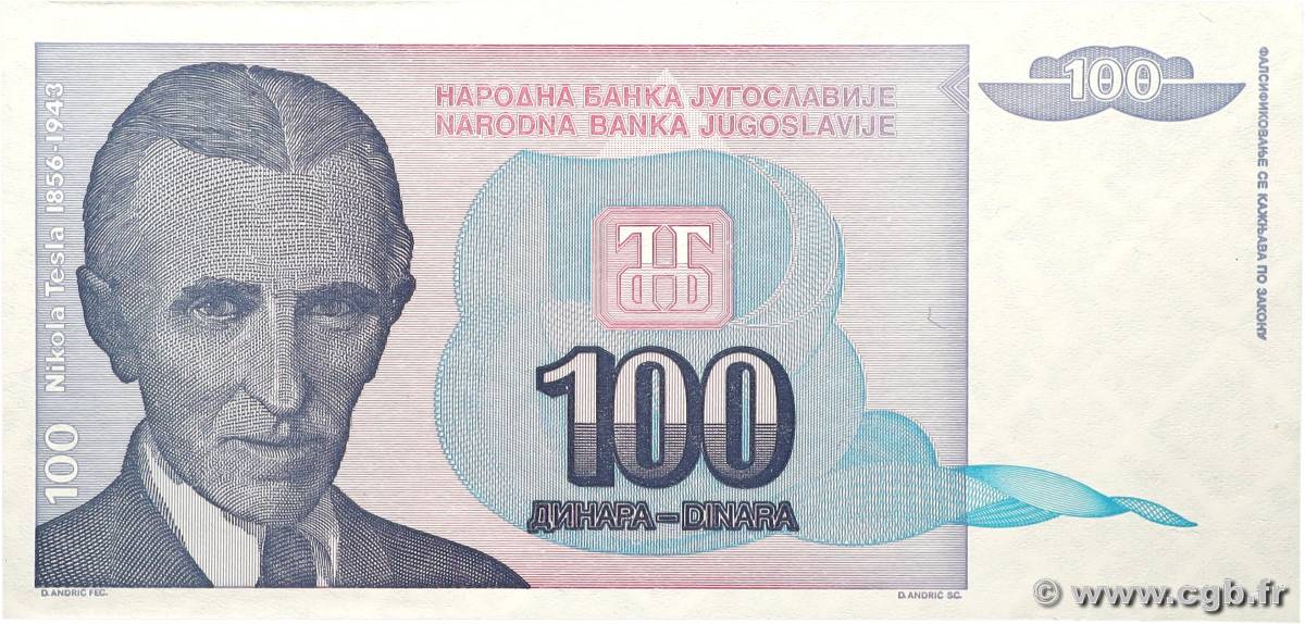 100 Dinara YOUGOSLAVIE  1994 P.139 pr.NEUF