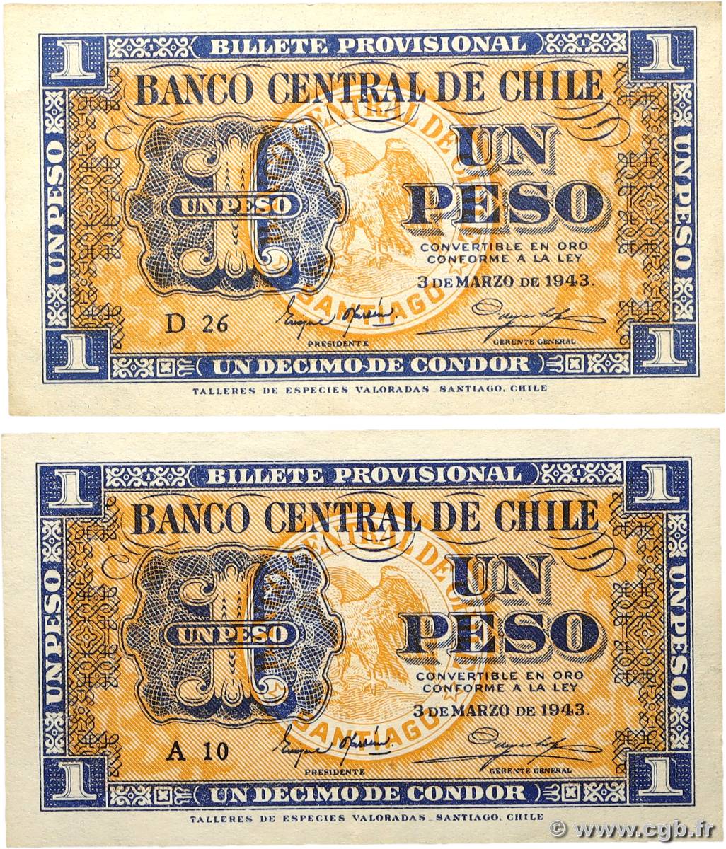 1 Peso - 1/10 Condor Lot CHILI  1943 P.090a et P.090d SUP+