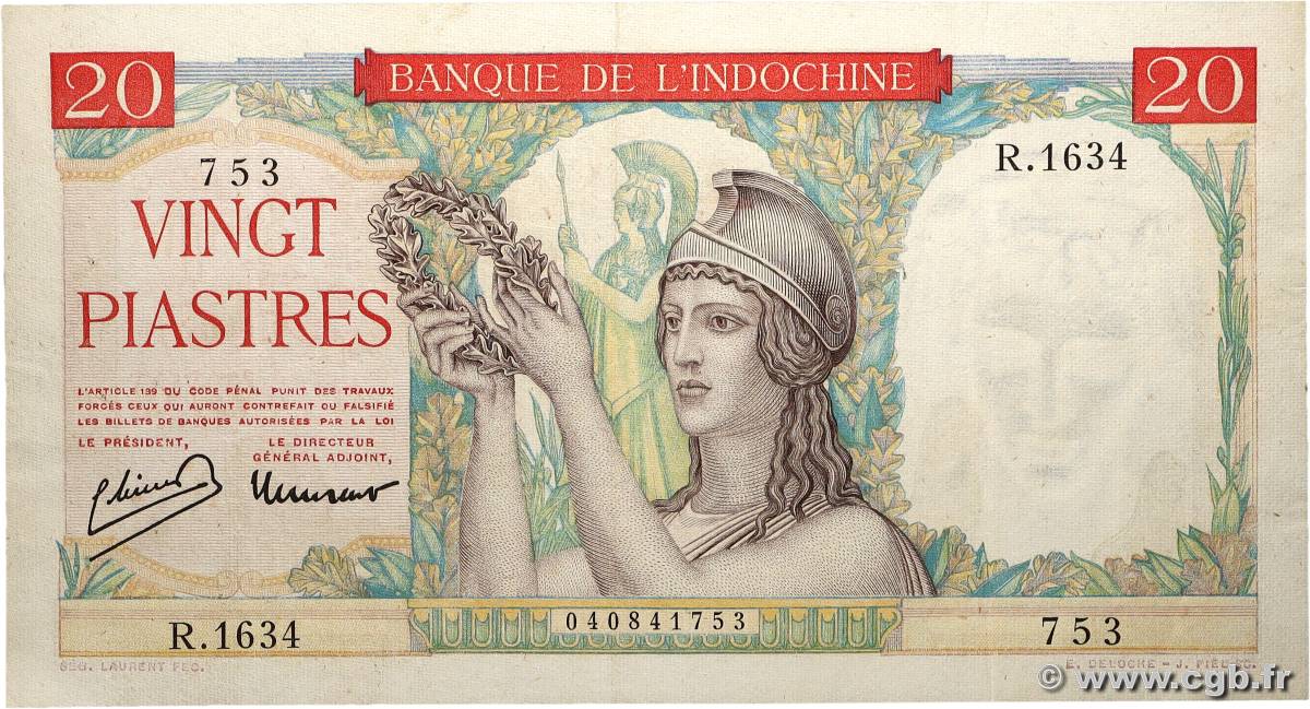20 Piastres FRENCH INDOCHINA  1949 P.081a VF