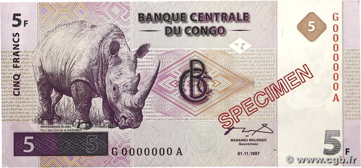 5 Francs Spécimen RÉPUBLIQUE DÉMOCRATIQUE DU CONGO  1997 P.086s SUP