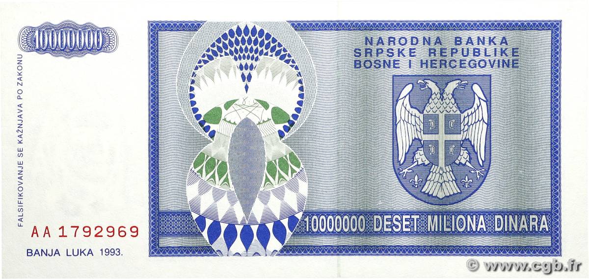 10000000 Dinara BOSNIE HERZÉGOVINE  1993 P.144a NEUF